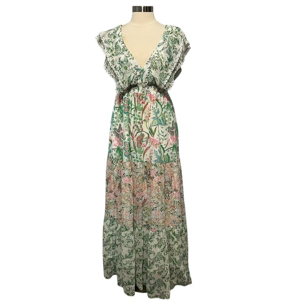 House of Harlow 1960 Floral Tiered Maxi Dress Pink Green Size M Boho